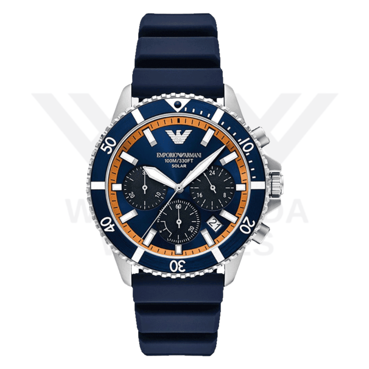 EMPORIO ARMANI WORLD EXPLORER SOLAR-POWERED CHRONOGRAPH BLUE SILICONE STRAP WATCH