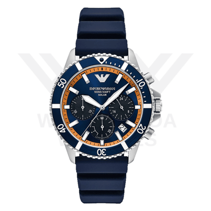 EMPORIO ARMANI WORLD EXPLORER SOLAR-POWERED CHRONOGRAPH BLUE SILICONE STRAP WATCH
