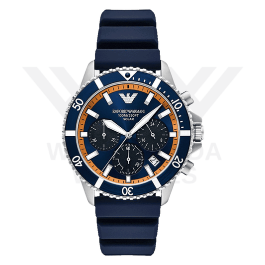 EMPORIO ARMANI WORLD EXPLORER SOLAR-POWERED CHRONOGRAPH BLUE SILICONE STRAP WATCH