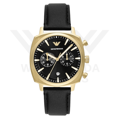 EMPORIO ARMANI CHRONOGRAPH BLACK LEATHER WATCH