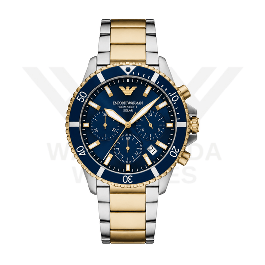 EMPORIO ARMANI WORLD EXPLORER SOLAR-POWERED CHRONOGRAPH TWO-TONE STAINLESS STEEL WATCH WITH NAVY BLUE DIAL