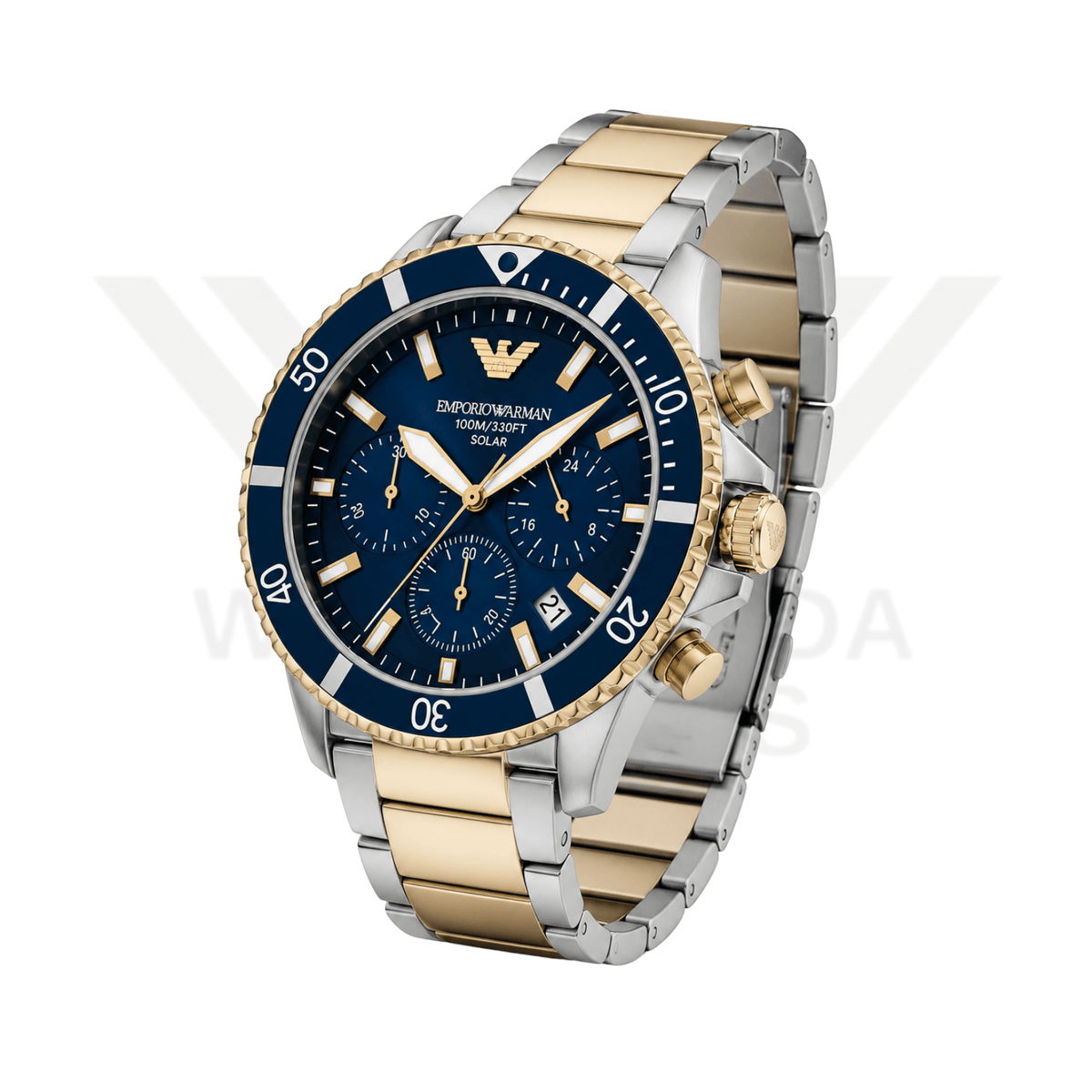 EMPORIO ARMANI WORLD EXPLORER SOLAR-POWERED CHRONOGRAPH TWO-TONE STAINLESS STEEL WATCH WITH NAVY BLUE DIAL