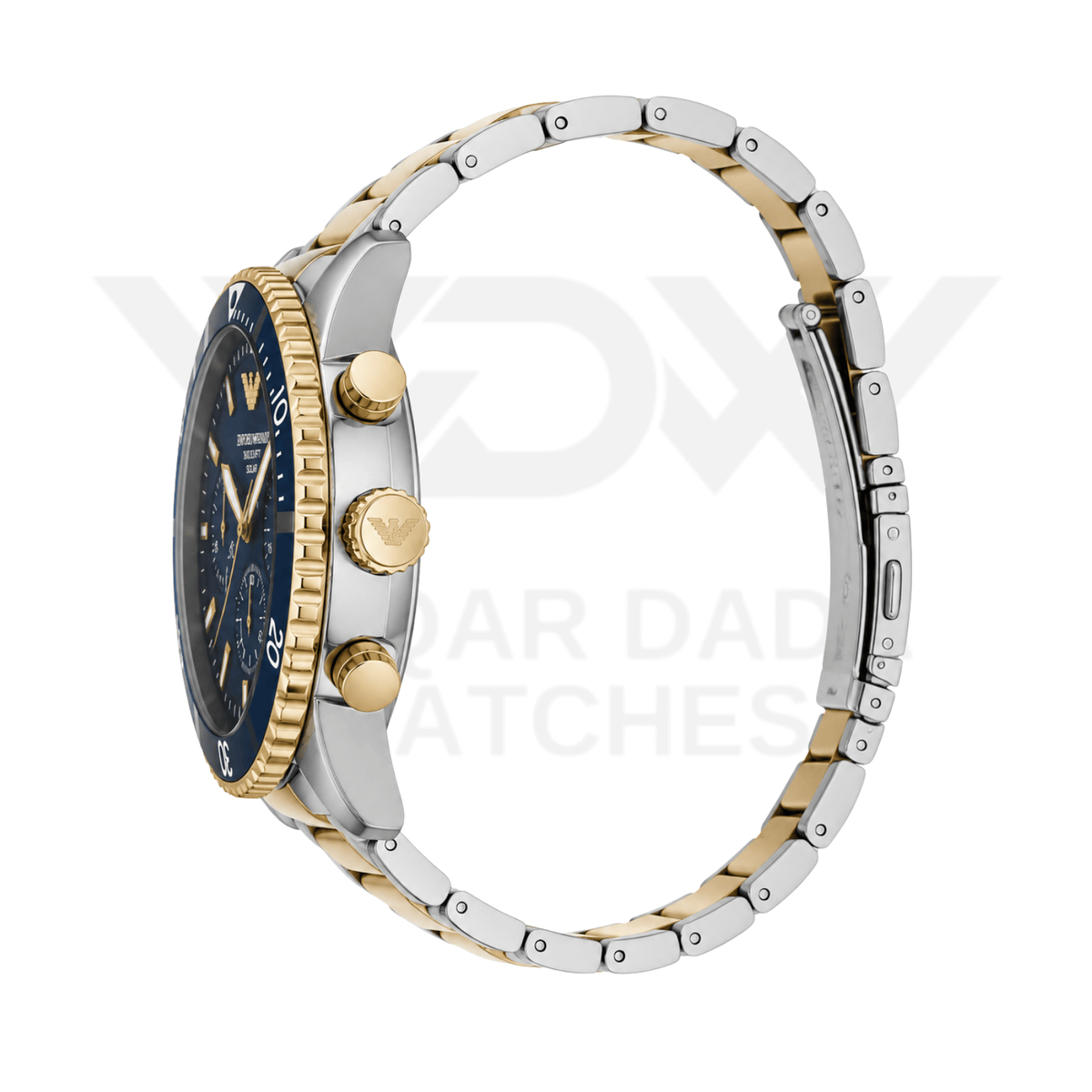 EMPORIO ARMANI WORLD EXPLORER SOLAR-POWERED CHRONOGRAPH TWO-TONE STAINLESS STEEL WATCH WITH NAVY BLUE DIAL