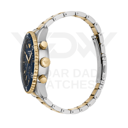 EMPORIO ARMANI WORLD EXPLORER SOLAR-POWERED CHRONOGRAPH TWO-TONE STAINLESS STEEL WATCH WITH NAVY BLUE DIAL
